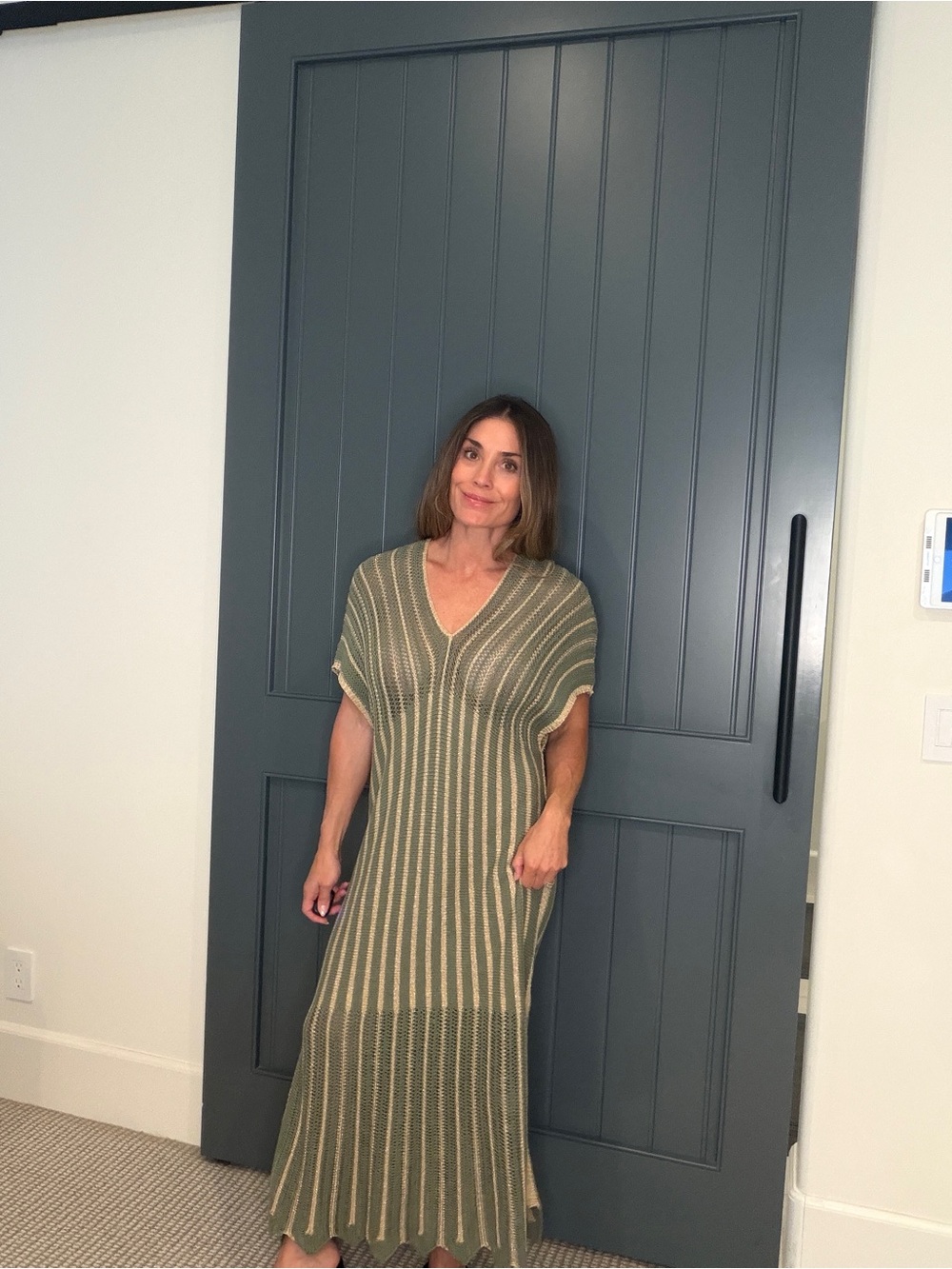 Floris Striped V-Neck Knit Maxi Dress in Olive and Cream